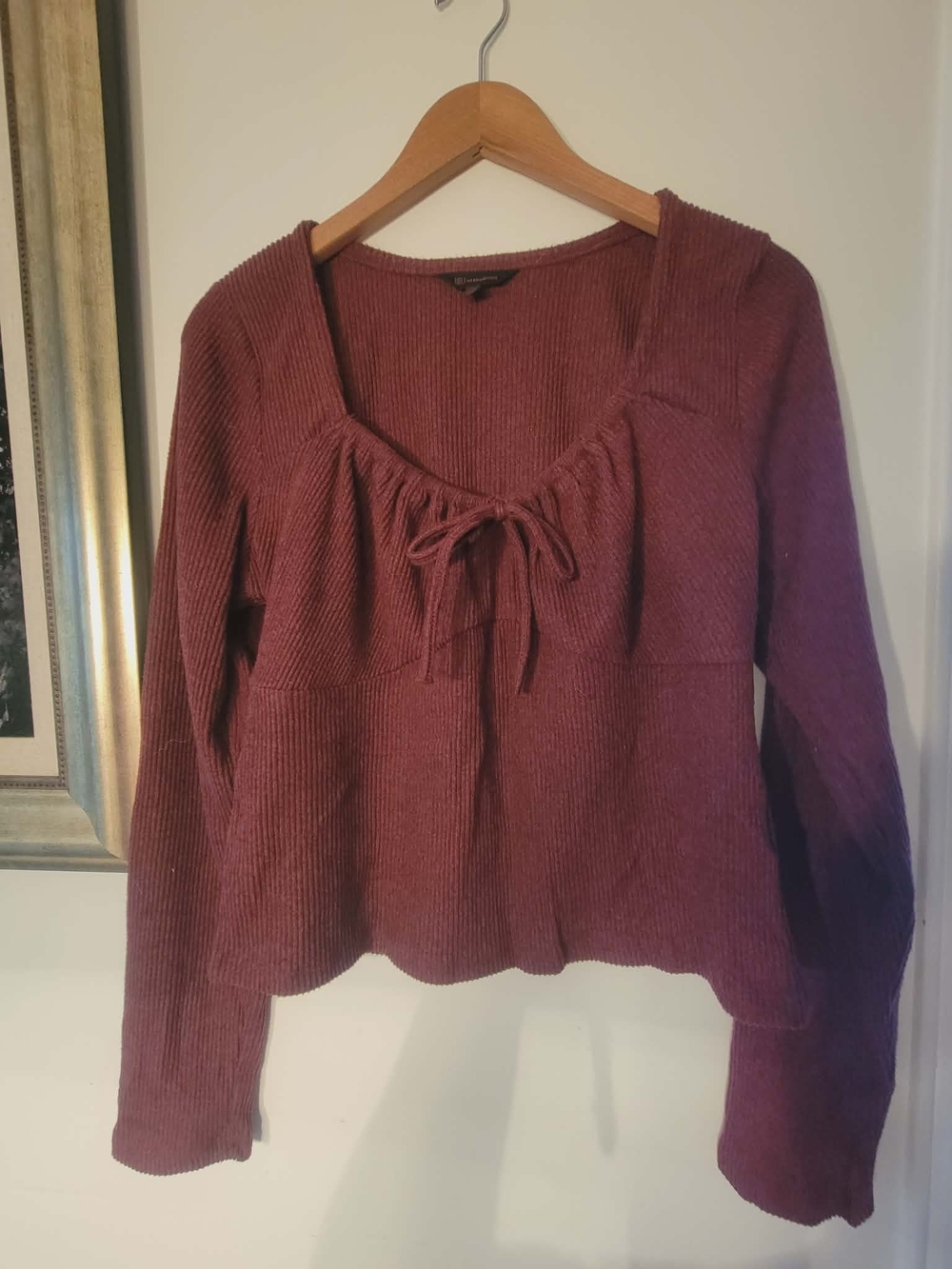 No Boundaries Ribbed Tie-Front Long Sleeve Top - Maroon